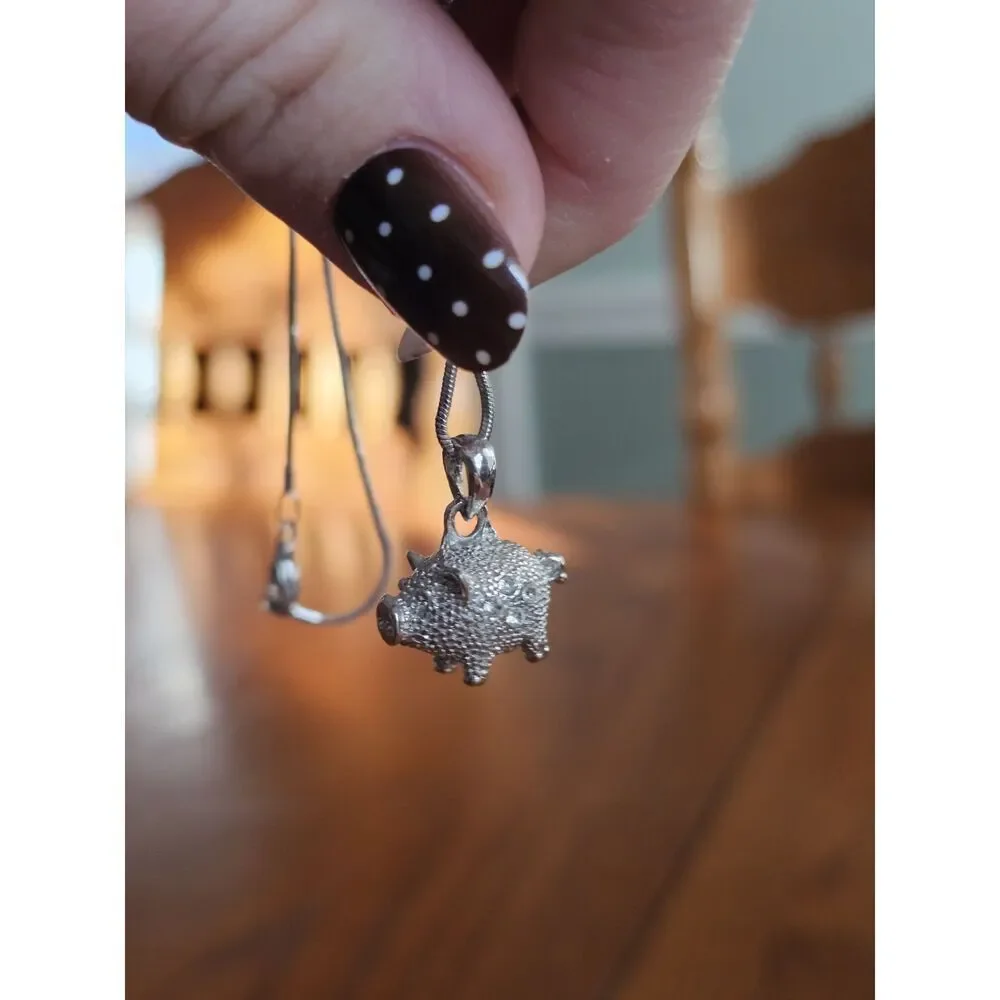 Crystal Gem Cute 3D Pig Necklace, Piggy‎ Lover Charm Piglet Pendant Silver
